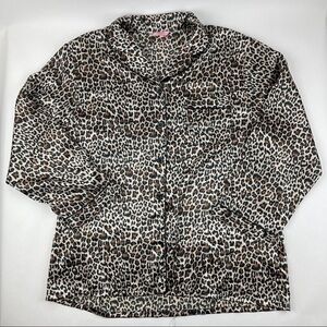 Lavenderi Button Up Shirt Women XL Cream Black Leopard Long Sleeve Pocket